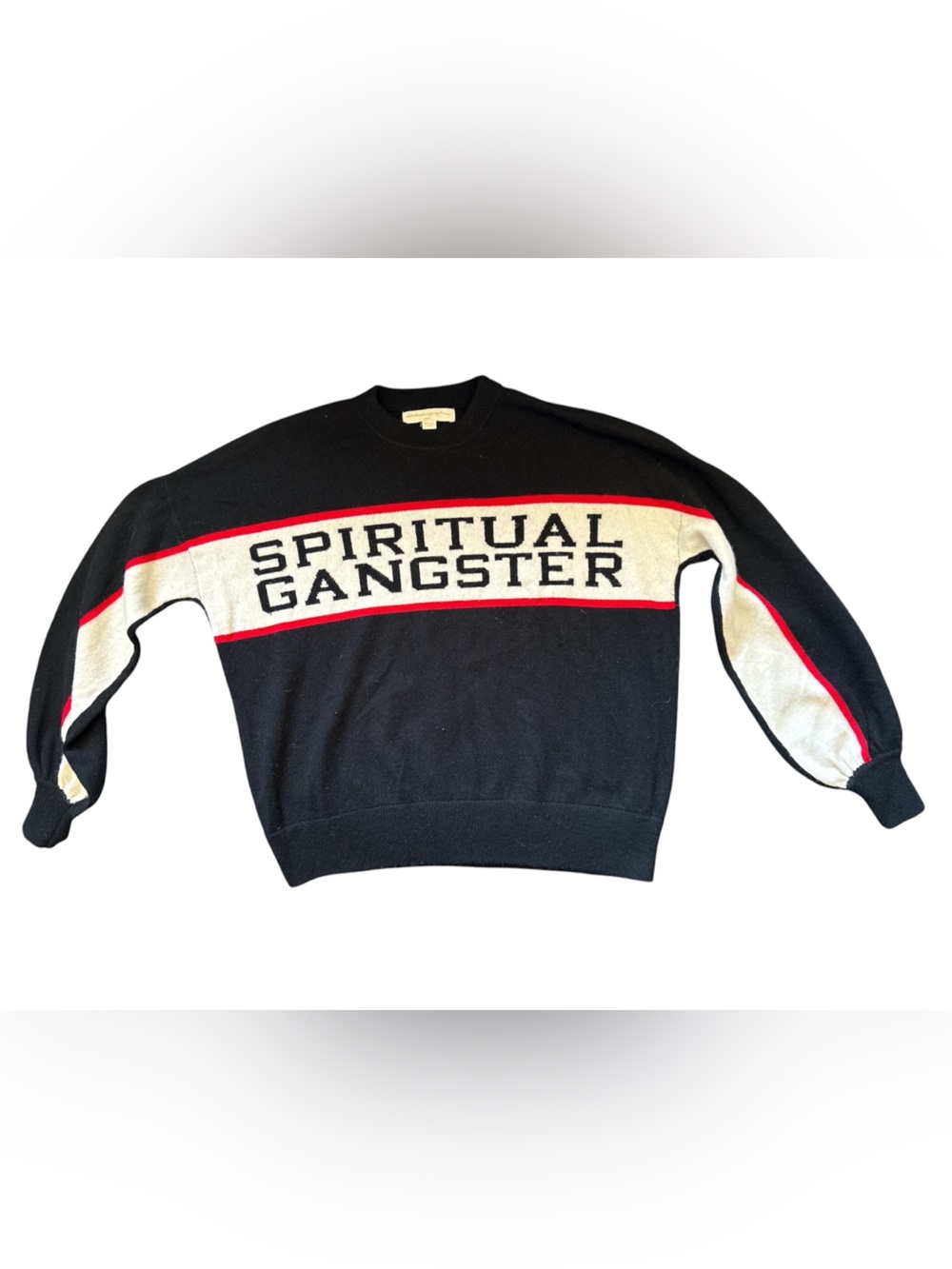 Spiritual Gangster Black Cream Red Logo Crewneck Sweater